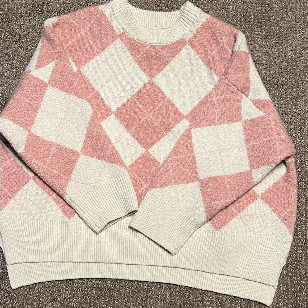 Sincerely Jules Pink & Cream Argyle Crewneck Sweater